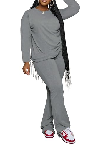 PINSV Womens 2 Piece Outfits Casual Sets Long Sleeve Top and Flare Pants Lounge Sets Tracksuit Grey XXL