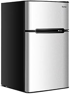 COSTWAY 90L Freestanding Undercounter Refrigerator, 2 Reversible Door Standard Mini Fridge Freezer with Adjustable Thermostat, Removable Glass Shelves, LED Light for Dorm Apartment Office (Grey)