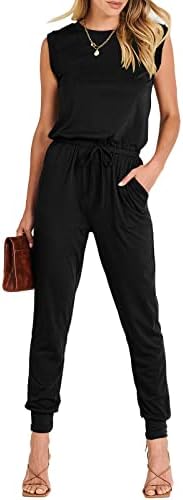 ANRABESS Women’s Summer Crewneck Sleeveless Casual Loose Stretchy Jumpsuits Rompers with Pockets