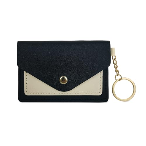AfitLulu Slim Wallets for Women, Slim Minimalist Wallet Keychain, Leather Snap Front Pocket Wallet with Card Holder (Black)