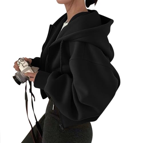 Minetom Damen Hooded Sweatjacke Sweatshirt Mit Kapuze Crop Zipper Hoodie Mit Reissverschluss Sport Kurze Jacke A Schwarz S