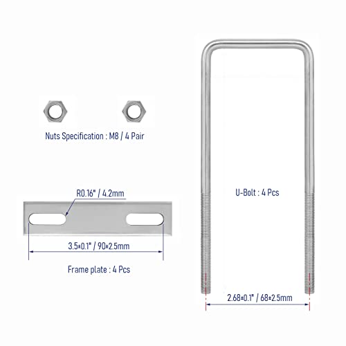 Image of 4 Sets 304 Stainless Steel Square U-Bolts 2-3 /8 inch(60mm) Inner Width, 6.3 inch(160mm) Length Stainless M8 with Nuts, Frame Plate, Accessories for Automobiles Trailer, Boat Trailer Industrial Parts