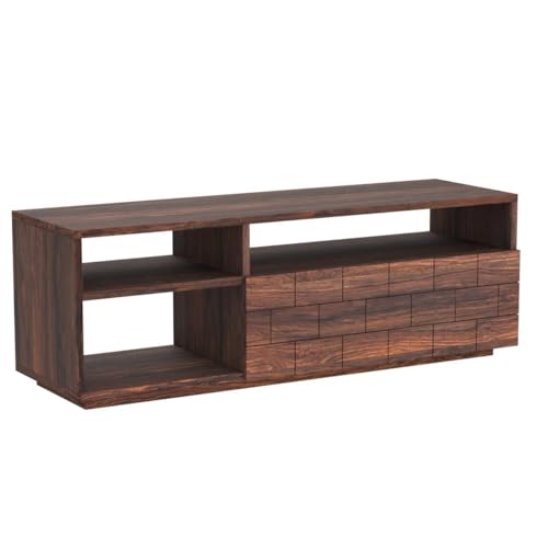 Image of DecorNation Illias Solid Wood TV Unit Table with Storage - 3 Open Shelves for Living Room, Bedroom, Office Furniture Stand (58 inch x 18 inch x 20 inch, Brown)