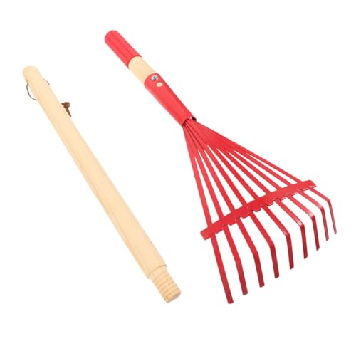 NULYLU Râteau à Gazon Détachable Manche en Bois Rouge pour Jardinage Extérieur Garçon Et Filles, Râteau Robuste en Métal, Outil De Jardin Multifonction pour Pelouse Et Feuilles