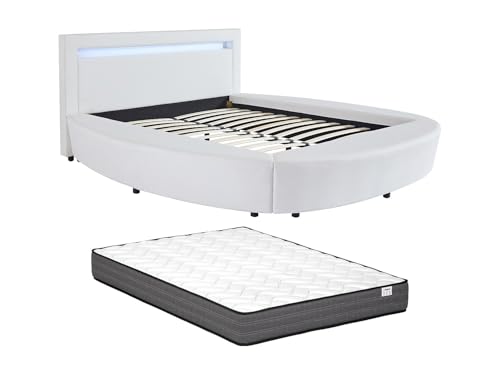 Vente-unique - Lit Rond 160 x 200 cm - avec LEDs - Simili - Blanc + Matelas - ABULIS III