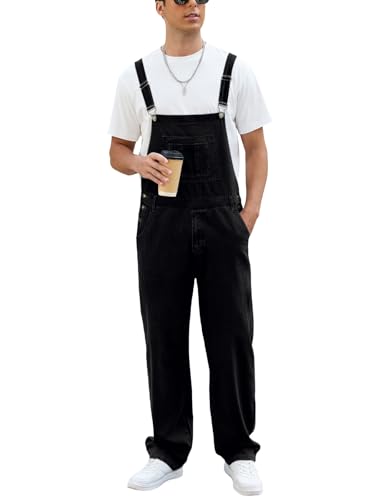 LBDLONGBIDA Men's Overalls Fashion Relaxed Fit Coveralls Work Utility Denim Romper Women Bib Jumpsuit with Zipper, Black, XL