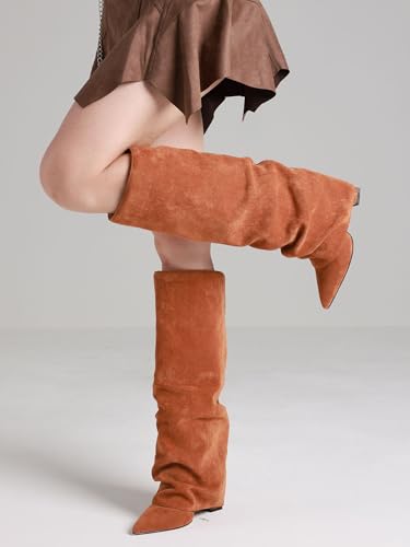 Image of Synchoiss Fold Over Knee High Boots Women Wide Calf Chunky Heel Shark Boots | Faux Leather Slouchy Boots, Pointed Toe, Side Zipper, Fashion Tall Boots for Evening Bridal Office Fall and Winter Outfits
