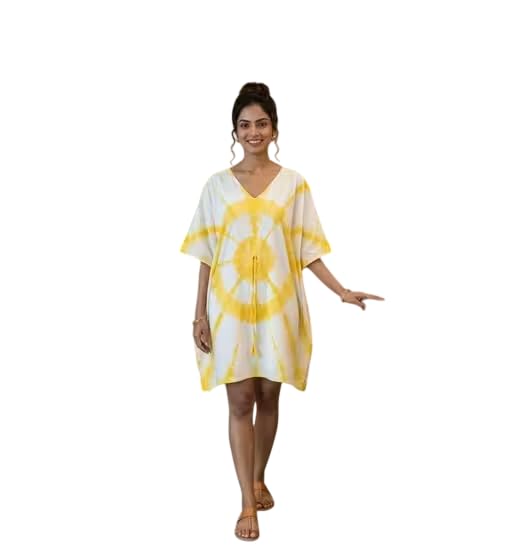 Tie-Dye Kaftan Dress, Yellow and White, V-Neck, Short Sleeves, Beach Coverup-image-43