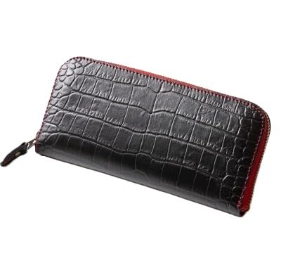 [たつの市産クロコ型押し牛革]長財布(ブラック) ラウンドファスナータイプ HEDGE