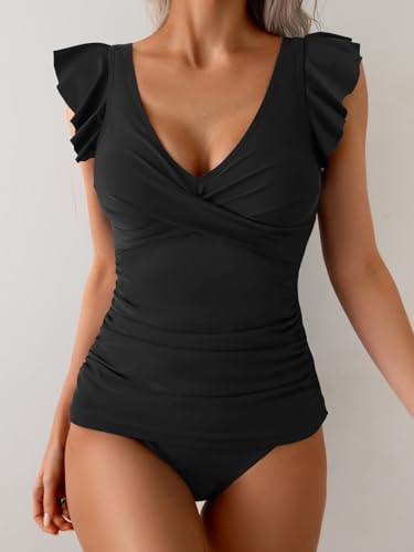 Tankini Swimsuit for Women Tummy Control Two Piece Bathing Suit Ruched Ruffle Swimwear Top with Bottom2