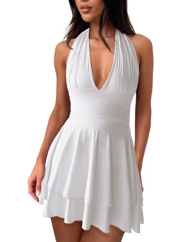 Image of Women's Halter Deep V Neck A-line Mini Dress Ruched Waist Short Party Dresses