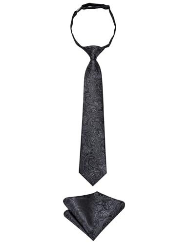 Image of Hi-Tie Boys Tie Pre-Tied Pocket Square Set Adjustable Kids Neckties Age 7-11 Years School UniForm Graduation