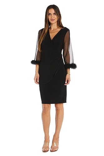 Image of Elegant Feather Trim Wrap Mini Dress W /Illusion Long Sleeves, Ruched Waist & Rhinestone Brooch
