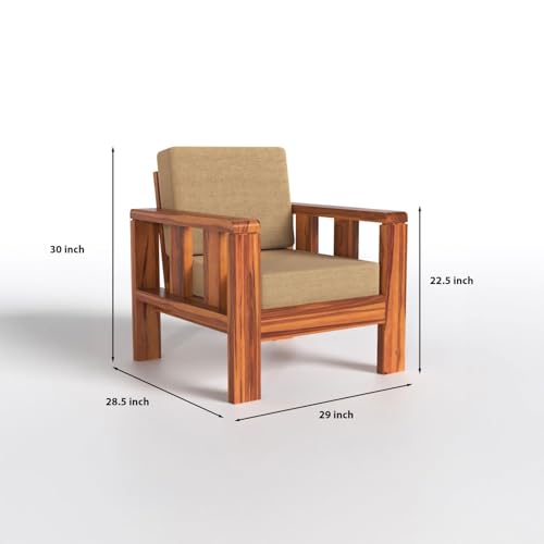 Image of Sheesham Wood 1 Seater Sofa Set with Beige Cushion for Living Room, Office, Sofa 1 Seater Sofa Wooden Sofa Set in Natural Teak Finish
