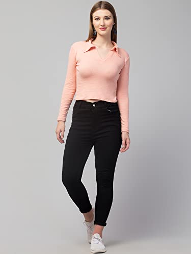 Image of Ribbed Polo Collar Full Sleeves Tops for Women
