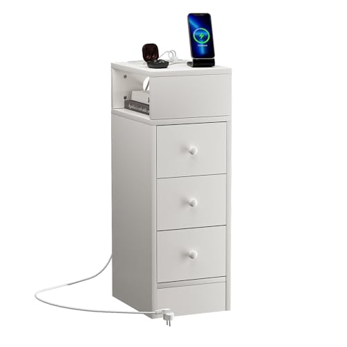 Mesita de Noche Estrecha con 3 cajones y estación de Carga, cómoda para Dormitorio, Color Blanco, 70 cm de Altura, como Armario nicho, Mesa Auxiliar o Armario pequeño para Espacios pequeños