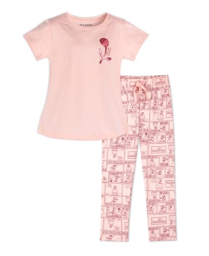 Image of Real Basics Girls Cotton Printed Short Sleeve Elastic Drawstring Waist Kids Nightwear Sleepwear Lounge Wear Outfit Comfortable Top & Full Length Pyjama Set