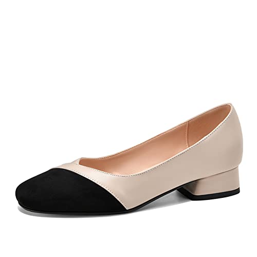 PAUVAODY Mujers Comfortabl Pumps Block Tacón Medio Sin Cordones Pumps Perlas Mini Sizes Oficina Dress Zapatos Boda Fiesta Zapatos Beige Black Size 34 Cover