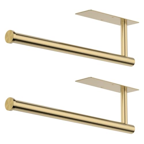 CHIKESI Paper Towel Holder Under Cabinet, Self-Adhesive,No Drilling, Stainless Steel, Wall-Mounted for Kitchen and Bathroom, Easy Install, Durable, Space-Saving, Ideal for Home, RV (Gold, 2 Pack)