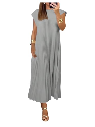 GORGLITTER Women's Pleated Flowy Chiffon Church Dresses Elegant Summer Short Sleeve Wedding Guest Maxi Dress Outfits Light Grey Large