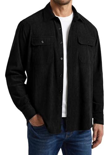 Enlision Chemise Homme Velours Côtelé Veste Décontractée Boutonnée Surchemise Rétro Coupe Ample Toucher Doux Haut de Mi-Saison Noir L