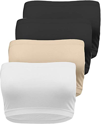 TL Women's 4 Pieces Bandeau Bra, Seamless Active Base Layer, Wirefree Tube Top Cleavage Coverup, Junior or Plus Size 4 Packs: Black_Black_Taupe_White One Size Plus