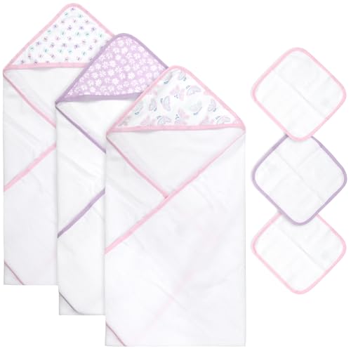 Image of Jessica Simpson Baby 6-Piece Hooded Towel & Washcloth Set - Soft Polyester Baby Bath Towels - Pink & Green Floral Design (Purple Floral Butterflies)
