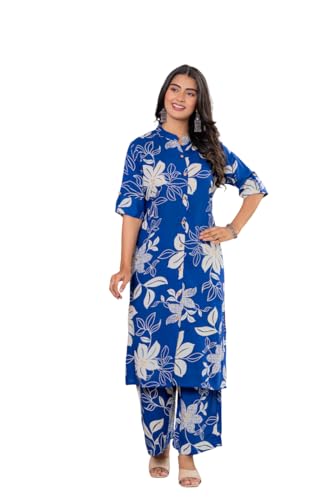 Image of Women's Floral Print Rayon Kurta Palazzo, Round Neck Half Sleeve, Regular Fit, Ethnic Casual Wear
