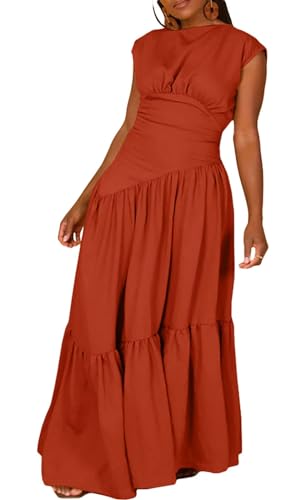 Women's Summer Sleeveless Loose Flowy Maxi Dress Crew Neck High Waist Casual Long Dress Zipper Swing Sundress