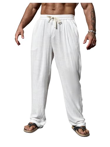 GORGLITTER Men's Linen Pants Elastic Waist Drawstring Straight Summer Beach Pants