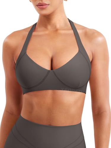 Image of YEOREO Women Halter Sports Bra Light Support V Neck Padded Strappy Open Back Workout Gym Tops