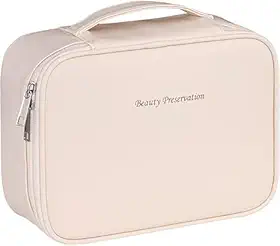 Necessaire Para Maquiagem em Couro PU Compacta com Estojo Porta Pincéis Zíper Duplo Organizador para Viagem Design Elegante e Resistente (Branca)