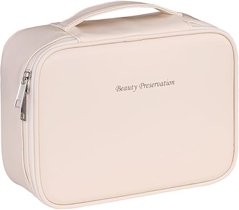 Necessaire Para Maquiagem em Couro PU Compacta com Estojo Porta Pincéis Zíper Duplo Organizador para Viagem Design Elegante e Resistente (Branca)