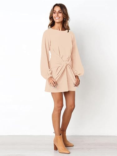 Image of PRETTYGARDEN Womens Spring Elegant Long Lantern Sleeve Short Dress Wedding Guest Crewneck Tie Waist Knit Cocktail Dresses