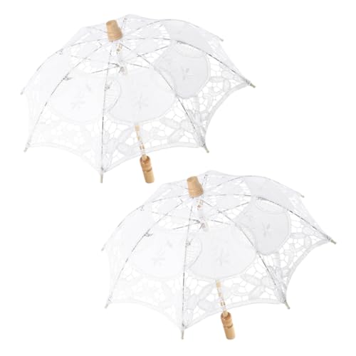 Supvox 2 Stück Weißer Spitzenschirm aus Baumwolle mit Holzgriff Kleiner Dekorativer Brautschirm für Hochzeiten Leichter Sonnenschutz für Trauungen im Freien und Fotoshootings