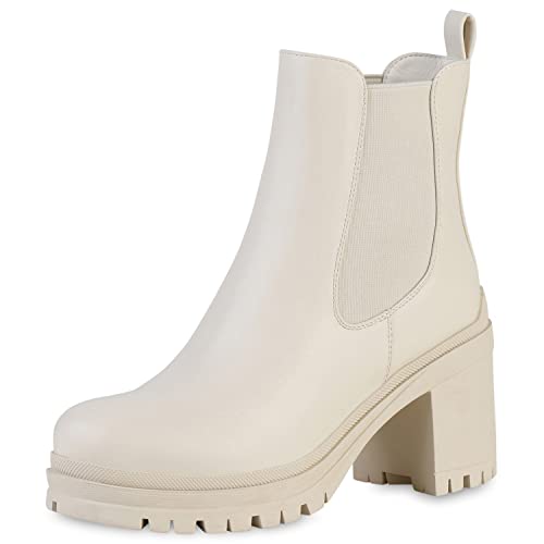 VAN HILL Damen Chelsea Boots Stiefeletten Blockabsatz Schuhe Profilsohle Freizeit Booties Plateau Vorne Schlupfschuhe 208332 Beige 41