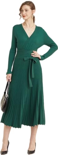 Image of Women's Long Knit Crewneck Sweater Dress Tie Waist A-Line Swing Pleated Bodycon