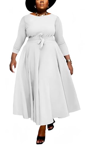 Image of Hostoyo Women Plus Size Formal A Line Maxi Dress Self Tie Waist with Pockets Elegant Round Neck Swing Long Dresses