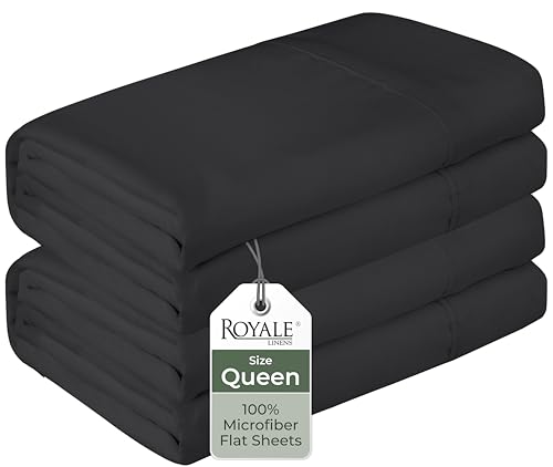Royale Linens 2 Pack Bulk Flat Sheet Set - Top Sheets - Soft 1800 Microfiber - Wrinkle & Stain Resistant - for Hotel, Massage Table, Hospital, Dorm - Queen Flat Sheet Sold Separately (Queen, Black)