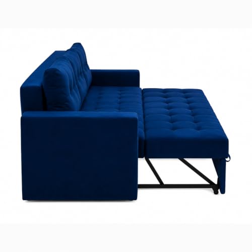 Image of FURNY Tressa 3 Seater Fabric Pull-Out Sofa Cum Bed Function (Dark Blue) | Luxury Velvet Suede Finish | Durable Comfort Sofa Bed for Modern Living Room & Office Spaces