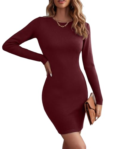 Hotouch Pulloverkleid Damen Langarm Herbstkleid Bodycon Kurz Strickkleid Elegant Rundhals Sweater Dress Pullikleid für Herbst Winter Weinrot S