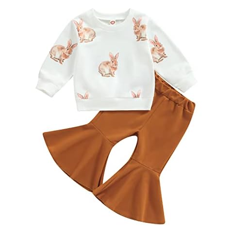 YOKJZJD Toddler Baby Girl Easter Outfits Bunny Sweatshirt Long Sleeve T-Shirt Tops Bell Bottom Pants Set Spring Clothes, White, 18-24 Months Cover