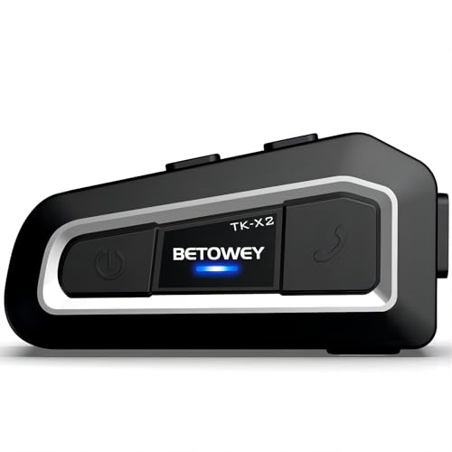 BETOWEY 1x Intercomunicador Casco Moto TK-X2 Manos Libres Bluetooth Auriculares Moto Bluetooth 5.0 con FM Radio, Micrófono Duro y Suave, Marcación por Voz, Impermeabilidad