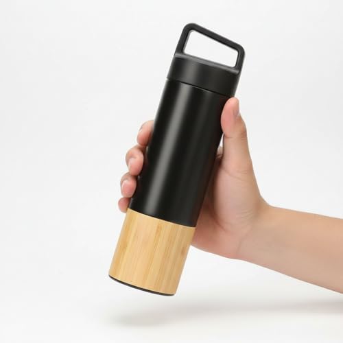 600 ml Bambu Tabanlı Kulplu Çelik Termos Mug - 5 Renk Seçenekli Sıcak/Soğuk Tutucu Seyahat Bardağı (Siyah)