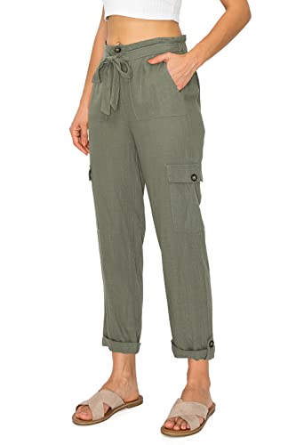 Cali1850 Women's Paper Bag Linen Pants – High Waisted Elastic Waistband Self Tie Belt Oceanside Beach Trousers with Pockets2