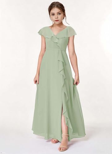 Ruffle V Neck Junior Bridesmaid Dresses Girls Party Dress Flowy A-line Chiffon Flower Girl Dress with Slit4