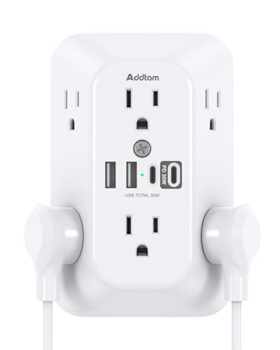 Image of Addtam 6-Outlet Extender Surge Protector, Multi Plug Wall Outlet with 4 USB Wall Charger(PD 30W), Plug Extension Outlet with 1800J, Outlet Splitter Power Strip for Home Office, White