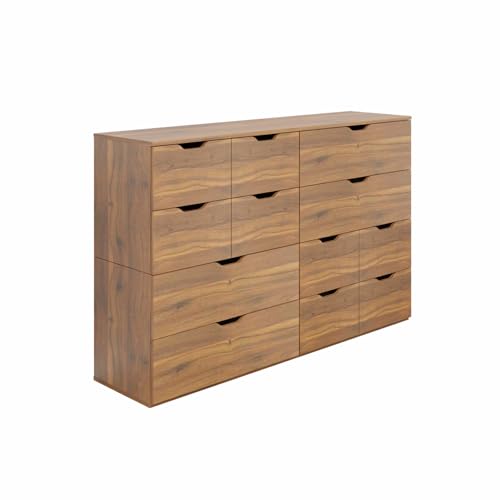 Image of VIKI Dresser | Big Drawer Unit, Varnik Chest of 12 Drawers,Clothes Storage, Organizer Unit for Bedroom, Hallway, Easy Pull Drawers, (Brussel Walnut - 44D x 160W x 106H) | 1 Year Warranty