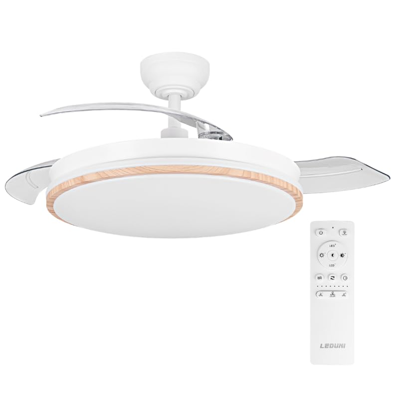 Ventilador de techo con luz con mando 3 aspas, Motor DC 30W+Luz LED,temporizador, 6 velocidades, aspas retráctiles, 3 temperaturas de luz, función verano-invierno Silencioso (Madera liso, 50CM)