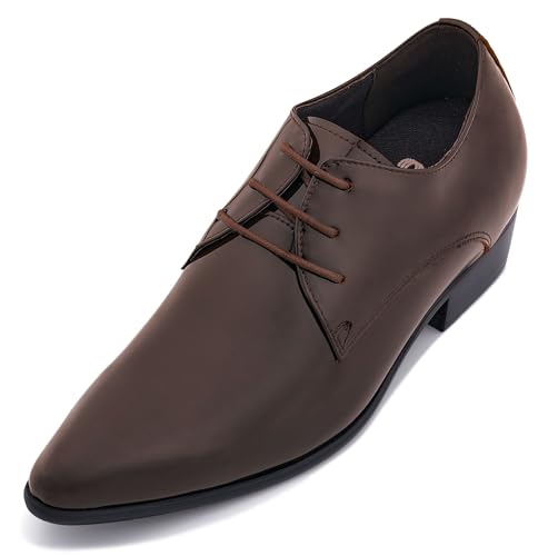Image of CALTO Men's Invisible Height Increasing Elevator Shoes - Chocolate Brown Patent Leather Lace-up Formal Dress Oxfords - 2.8 Inches Taller - K2727 - Size 8 D(M) US